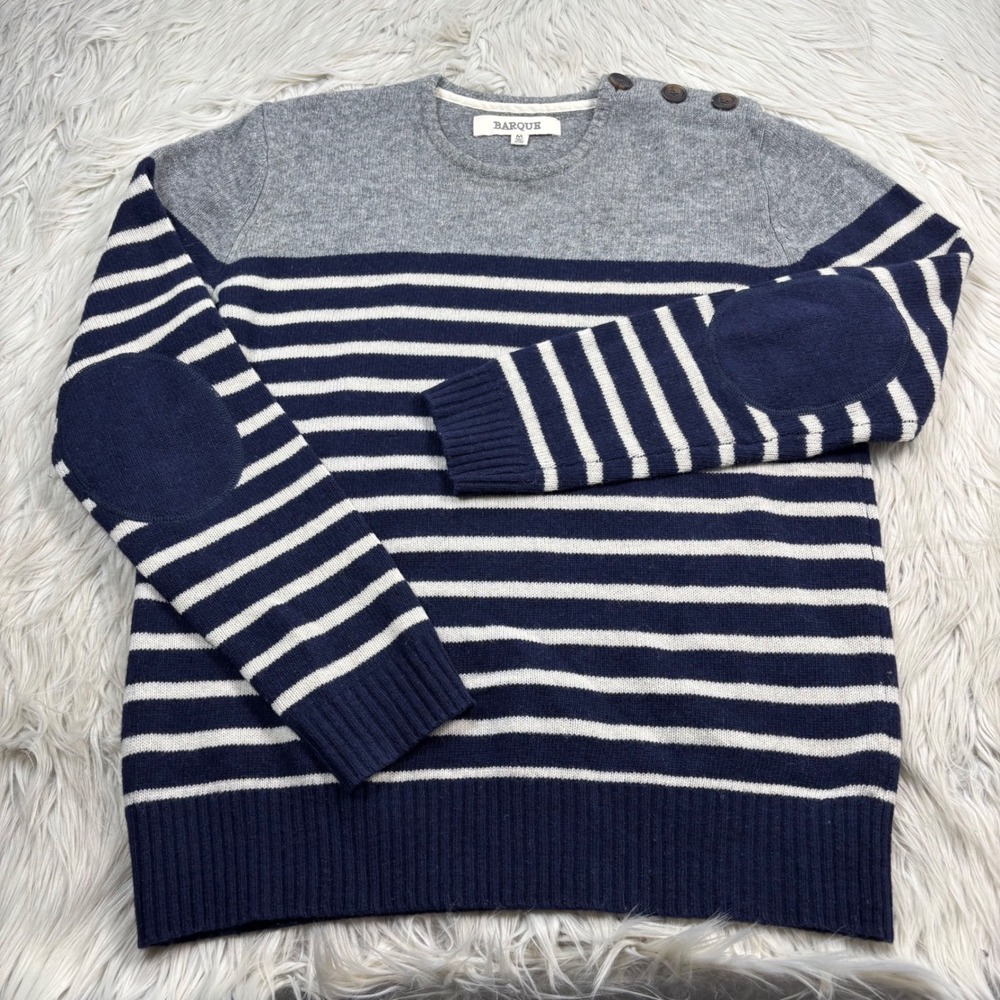 Barque Men's M Gray Navy Striped Button Shoulder Crew Sweater Wool Preppy Prep